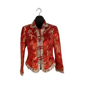 Traditional Chinesse Red Jacket Gold Embroidered Womens Vtg Sz38 Xs Flaw